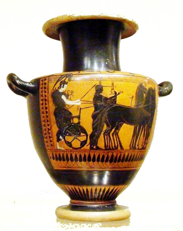Hydria a figure nere con dei olimpici e lotta fra Eracle e Tritone 