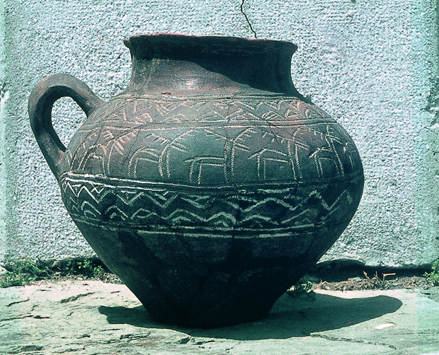 Urna in ceramica con motivo zoomorfo dalla necropoli dei castellieri dei Pizzughi in Istria (VIII sec. a.C.).