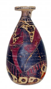 Alabastron (boccetta per profumi) in terracotta dipinta raffigurante una Sirena ad ali spiegate ; ceramica proto-corinzia del 625-600 a.C.
