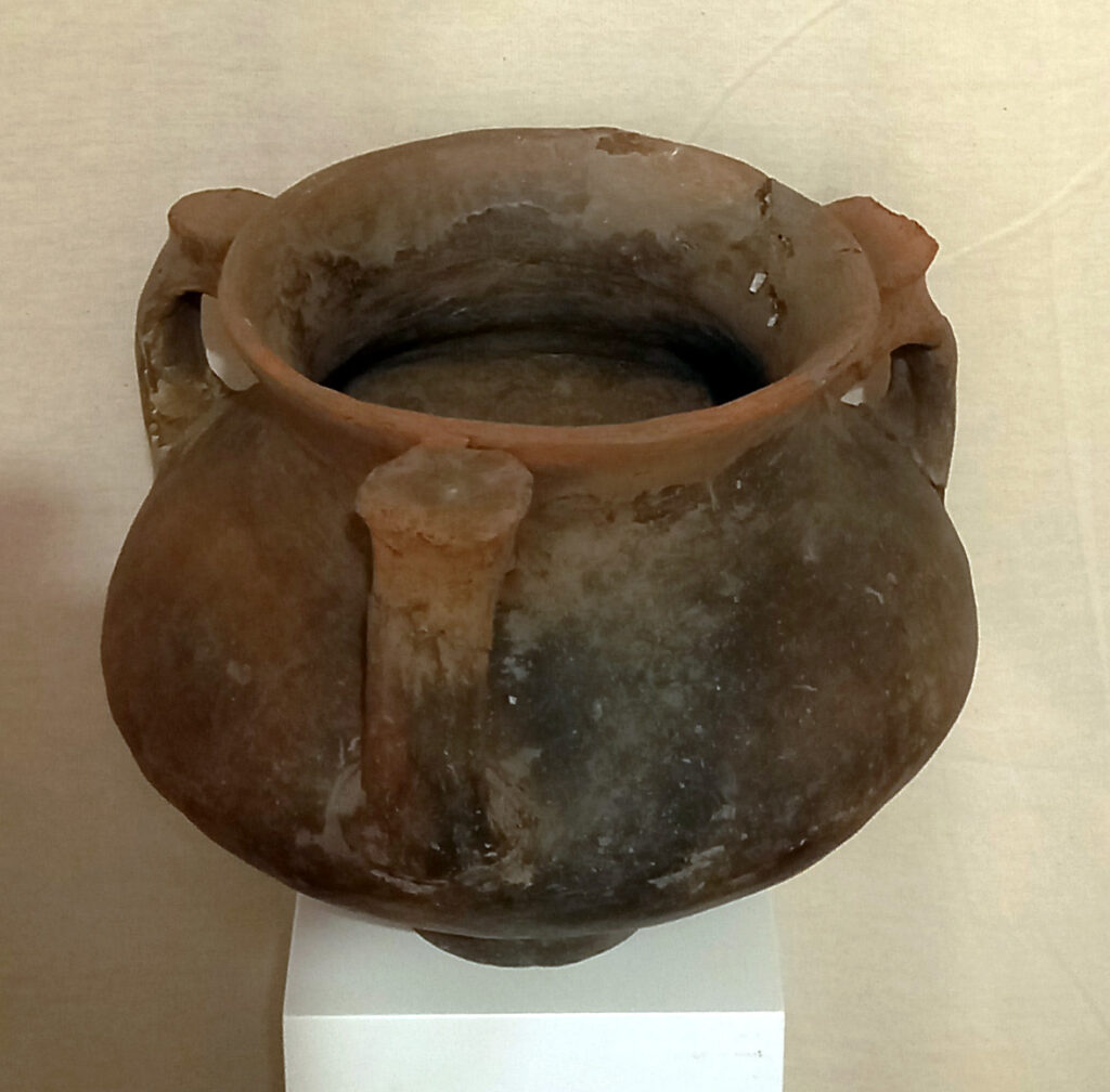 Vetrina F n.3, vaso biconico a tre anse con espansione a bottone (VIII secolo a.C.)