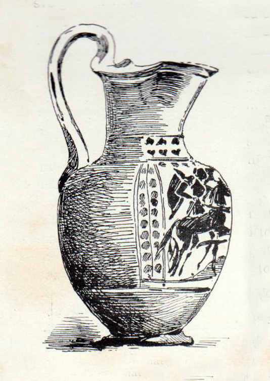 Vetrina G in alto, insieme di vasi a figure nere dalla tomba I/12; e disegno della brocca attica a figure nere con quadriga al galoppo (n. 1, fine V-inizi IV secolo a.C.)
