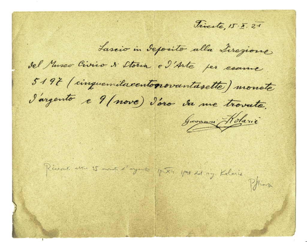 Vetrina 1: Ricevuta della consegna del tesoro da parte di Giovanni Kolaric al Museo di Trieste.