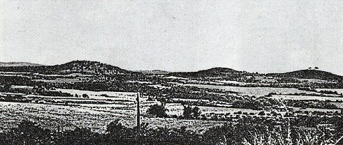 Disegno panoramico delle colline sulle quali sorsero i tre castellieri dei Pizzughi presso Parenzo