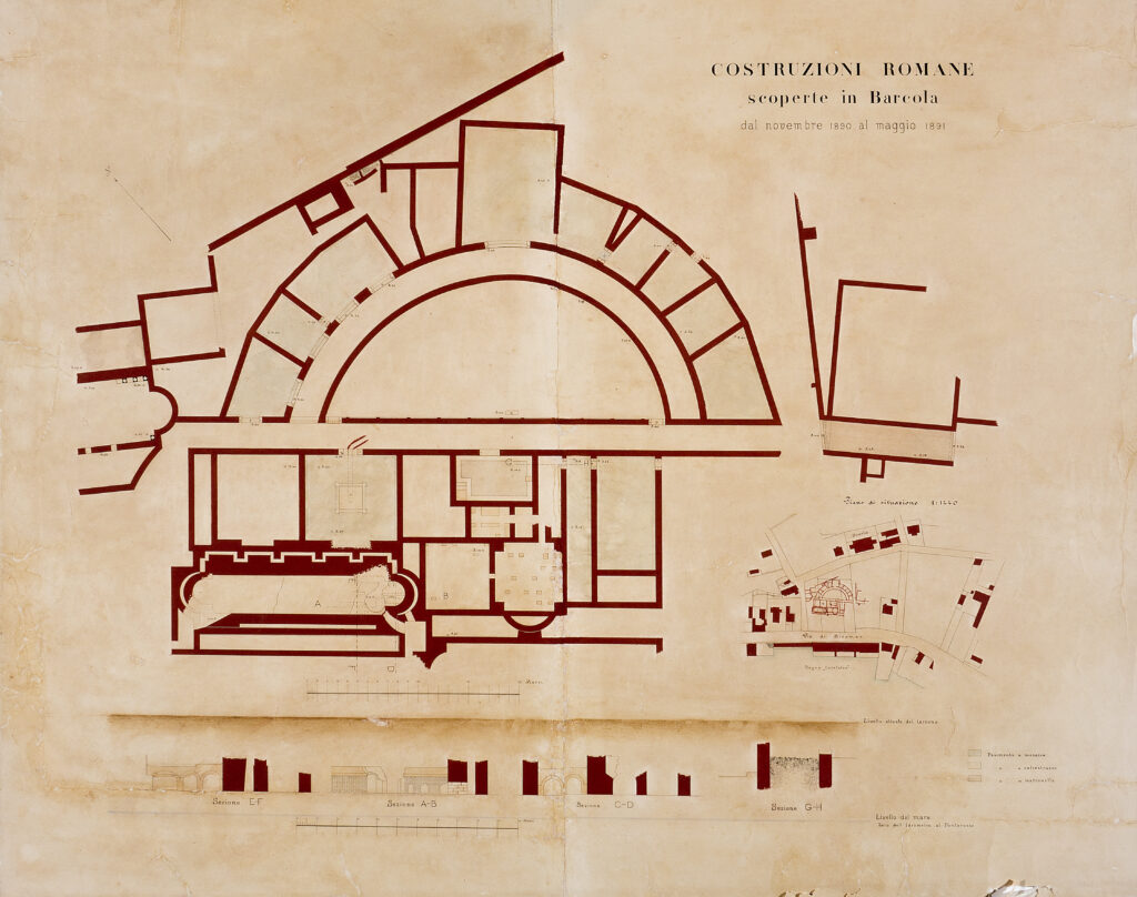 Villa romana di Barcola. Pianta dello scavo della zona occidentale detta “Palestra e Ninfeo” (scavi 1890-1891